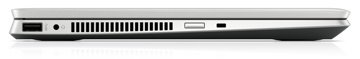 Côté gauche : USB A 3.2 Gen 1, prise jack, bouton de démarrage, verrou de sécurité.