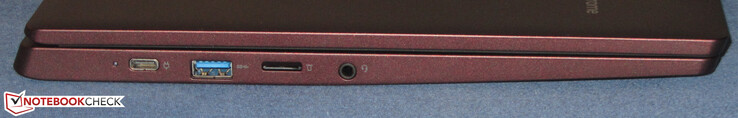 Côté gauche : USB C 3.2 Gen 1 (DisplayPort, charge), USB A 3.2 Gen 1, lecteur de carte (micro SD), combo audio jack.