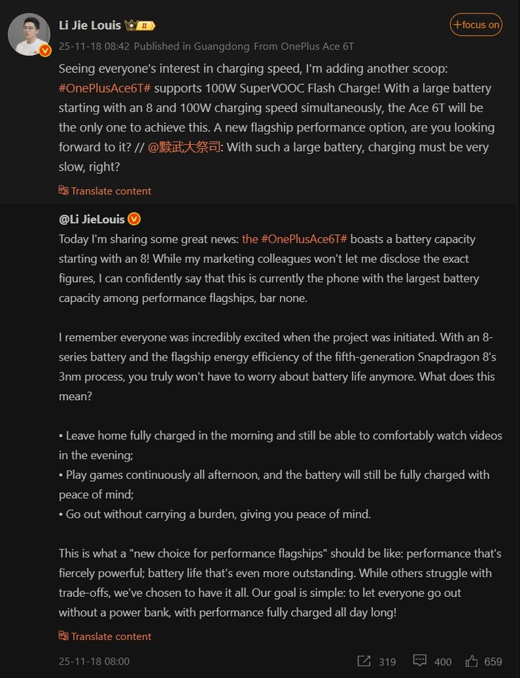 Li Jie Louis parle de la batterie et de la vitesse de chargement du OnePlus Ace 6T (Image source : Weibo - machine translated)