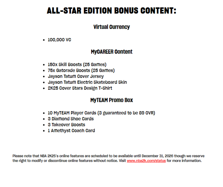 Une capture d’écran de la boutique officielle NBA 2K. Un avis en bas indique qu’EA se réserve le droit de modifier ou de supprimer les fonctionnalités en ligne sans préavis.