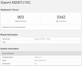 Le Mi 10 Ultra est doté d'une carte mère "cas" et est appelé Xiaomi M2007J1SC. (Source de l'image : Geekbench)
