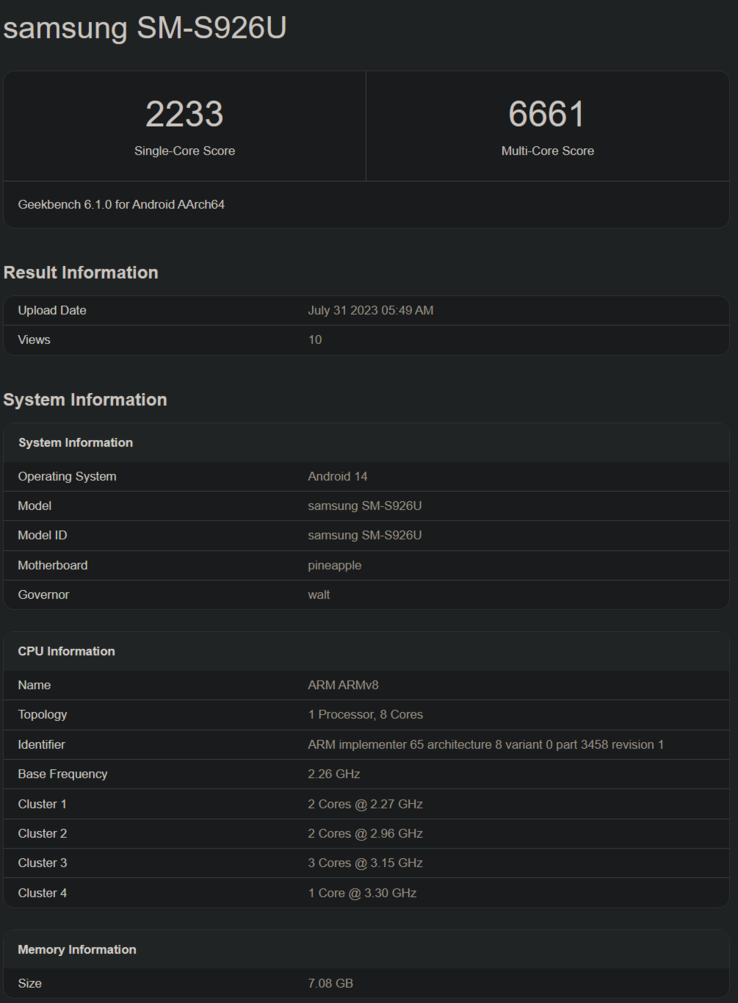 Liste Geekbench du Qualcomm Snapdragon 8 Gen 3 avec le Samsung Galaxy S24+ (image via Geekbench)