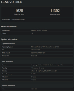 Résultats du processeur Snapdragon X Elite dans Geekbench 6.2 (image via Geekbench)