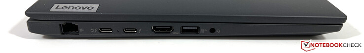 À gauche : Ethernet Gigabit, 2x USB-C 4.0 avec Thunderbolt 4 (40 Gbit/s, DisplayPort ALT mode 1.4, Power Delivery 3.0), HDMI 2.1, USB-A 3.2 Gen.1 (5 Gbit/s, alimenté), port stéréo 3,5 mm