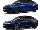La Model Y dans la nouvelle couleur Marine Blue par rapport à Deep Blue Metallic (en haut). (Source de l'image : Tesla)