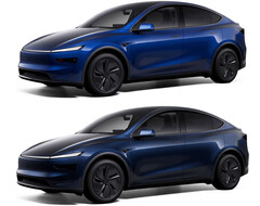La Model Y dans la nouvelle couleur Marine Blue par rapport à Deep Blue Metallic (en haut). (Source de l'image : Tesla)