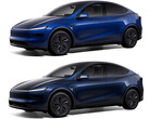 La Model Y dans la nouvelle couleur Marine Blue par rapport à Deep Blue Metallic (en haut). (Source de l'image : Tesla)