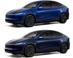 La Model Y dans la nouvelle couleur Marine Blue par rapport à Deep Blue Metallic (en haut). (Source de l&#039;image : Tesla)