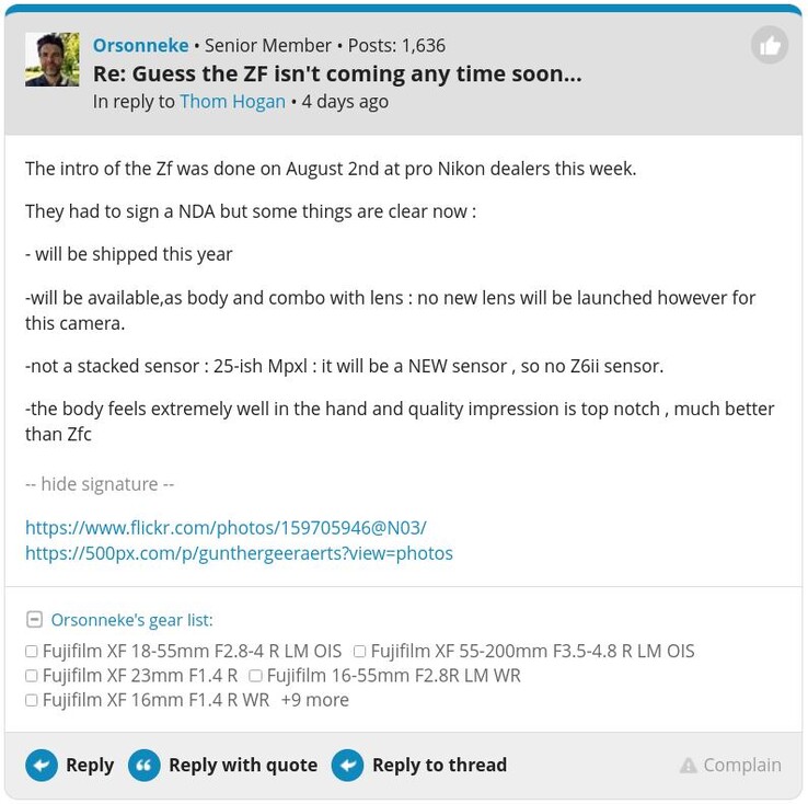 Capture d'écran de la confirmation présumée du Nikon Zf sur le forum DPReview. (Source de l'image : DPReview)