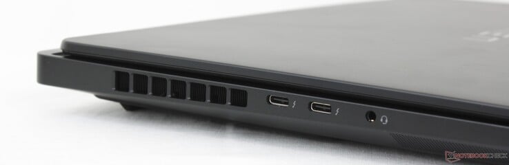 Gauche : 2x USB-C Thunderbolt 4 avec DisplayPort 2.1 + Power Delivery, casque 3,5 mm