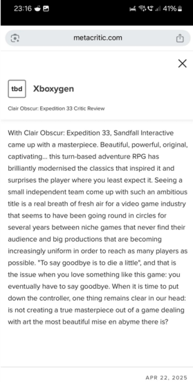 Clair Obscur : Expedition 33 a fait l'objet d'une fuite sur Metacritic (Image source : Clair Obscur : Expedition 33 subreddit)