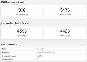 Puntuaciones medias actuales del Xiaomi Mi 11. (Fuente de la imagen: Geekbench)