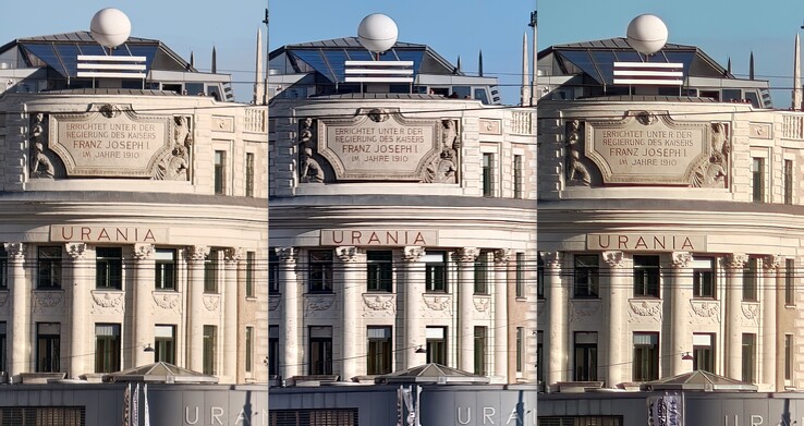 comparaison de la taille du zoom 20x : Gauche : Oppo avec objectif externe. Au milieu : Vivo sans objectif externe. A droite : Oppo sans objectif externe.