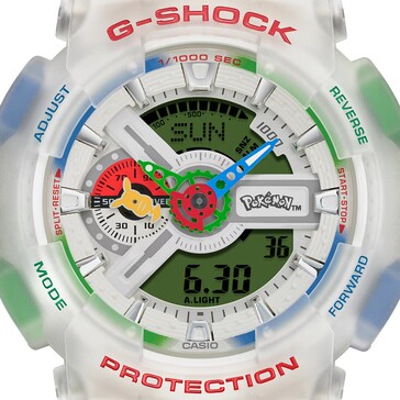 Gros plan sur le cadran de la G-Shock GA-110 sur le thème des Pokémon, montrant l'aiguille en forme de Pikachu et le logo Pokémon.