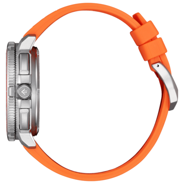 Image de profil de la Citizen Promaster Wave Tracker JV3000-13E montrant son boîtier en acier inoxydable, sa lunette tournante texturée, ses poussoirs et son bracelet en caoutchouc orange.