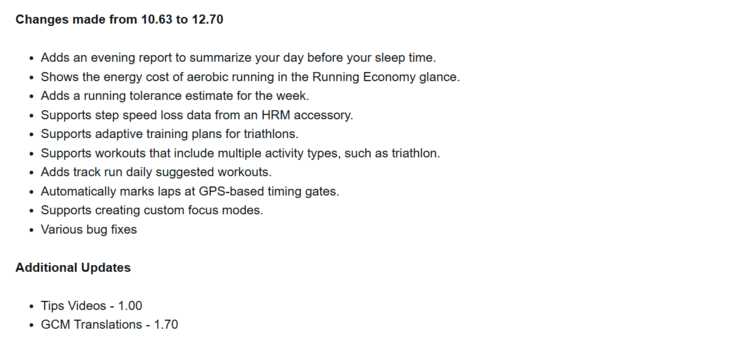 Le journal des modifications de la version 12.70 du logiciel de la smartwatch Garmin Venu X1. (Source de l'image : Garmin)