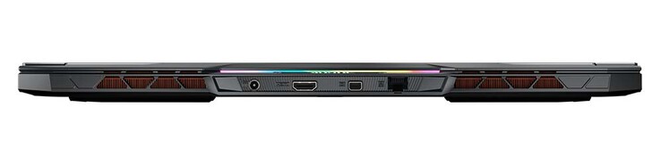 Arrière : connecteur d'alimentation, HDMI 2.1, Mini DP 1.4 (120 Hz), LAN (RJ45) (Source : Aorus)