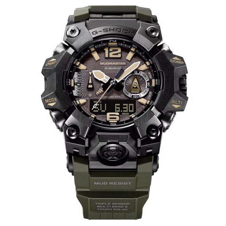 Gros plan sur le cadran de la G-Shock Mudmaster GWG-B1000-1A3 présentant des index beiges, des aiguilles luminescentes, un affichage numérique et des repères de boussole.