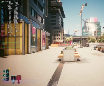 Cyberpunk 2077 fonctionnant en 1080p avec le réglage « Ultra » et le FSR en mode automatique sur la Steam Machine, avec un affichage des performances à l'écran