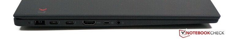 Côté gauche : entrée secteur fine, 2 Thunderbolt 3 (USB C 3.1 Gen 2), HDMI 2.0, mini-Ethernet, prise jack.