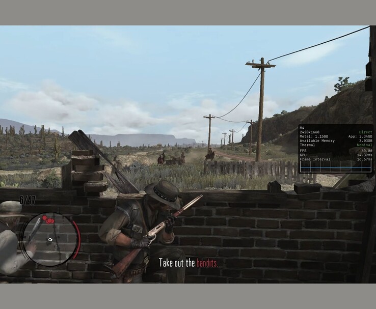 Red Dead Redemption fonctionnant sur un iPad Pro avec le Metal performance HUD montrant une sortie à 60 fps (Source d'image : MrMacRight via YouTube)