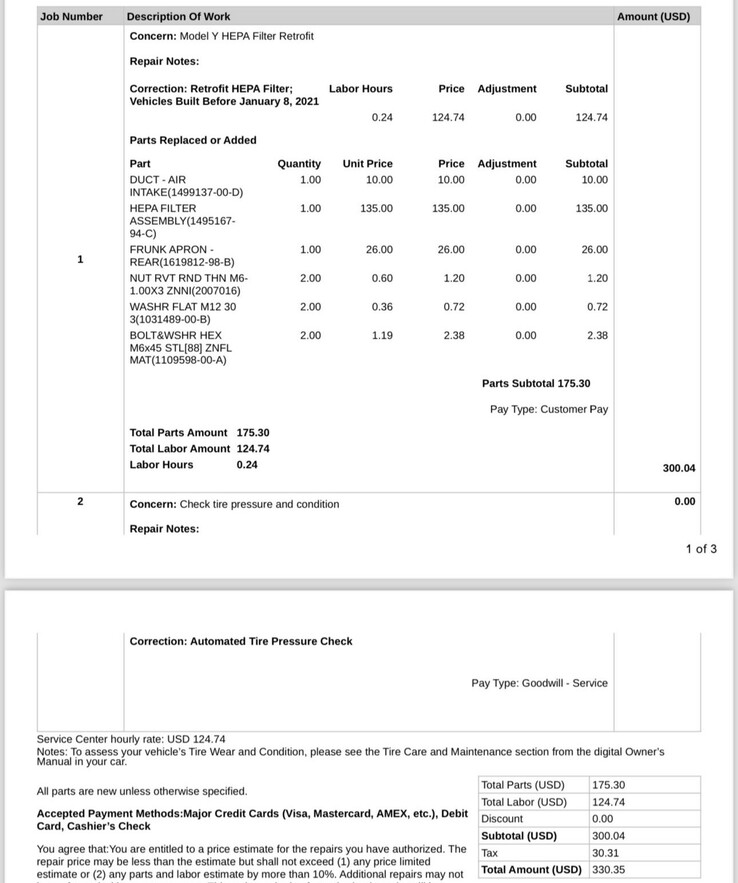 2020-2021 Prix des pièces et de la main-d'œuvre pour la mise à niveau du filtre HEPA de la Tesla Model Y