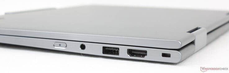 A droite : Bouton d'alimentation, prise audio 3,5 mm, USB 3.2 Gen 1 (5 Gbit/s), HDMI 2.1, fente de sécurité Kensington Nano