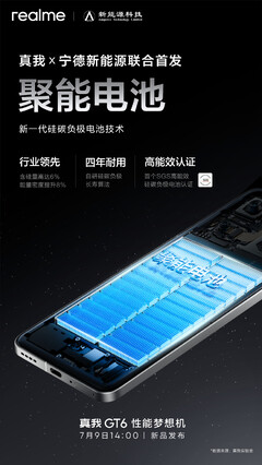 Les derniers teasers du GT6 de Realme mettent en évidence l'apogée de sa batterie, de son écran et de sa technologie de durabilité. (Source : Realme via Weibo)