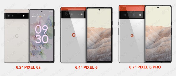 Le Pixel 6a à côté du Pixel 6 et du Pixel 6 Pro. (Image source : @OnLeaks)