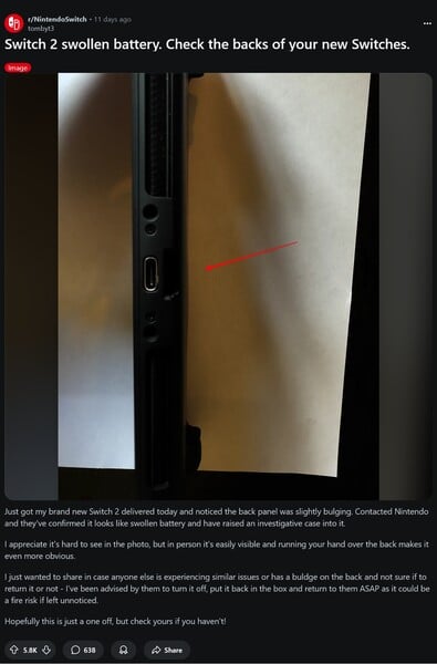 Panneau arrière bombé de la Switch 2 (Source d'image : capture d'écran, Nintendo Switch reddit)