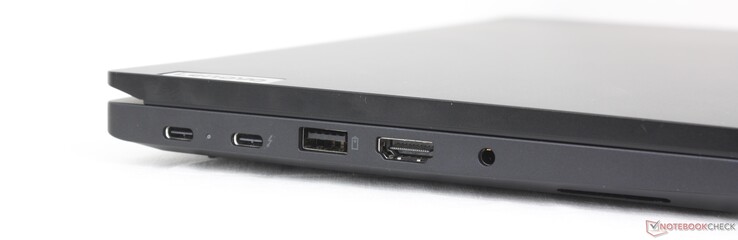 À gauche : USB-C 3.2 Gen. 2 (20 Gbps) avec Power Delivery 3.0 + DisplayPort 1.4, USB-C Thunderbolt 4 (40 Gbps) avec Power Delivery 3.0 + DisplayPort 1.4, USB-A (10 Gbps), HDMI 2.1, casque d'écoute 3,5 mm