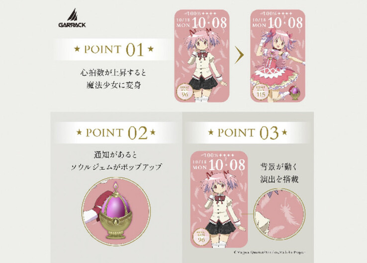 Le cadran de la montre connectée de Madoka Kaname se transforme pour afficher sa forme de magical girl à mesure que la fréquence cardiaque augmente, comme l’illustrent les mesures de 96 et 115 bpm.