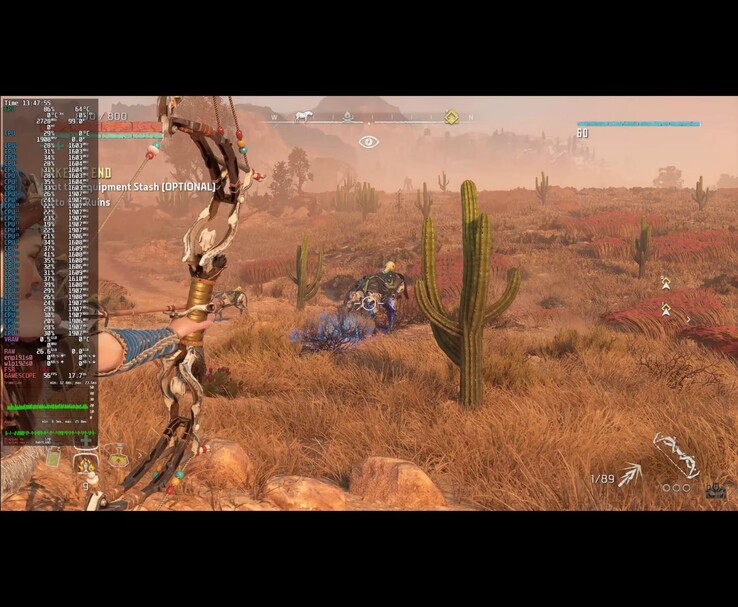 Capture d'écran de Horizon Zero Dawn Remastered fonctionnant sur Bazzite OS à l'aide de Framework Desktop PC, montrant l'incrustation des performances dans le jeu (Source de l'image : ETA PRIME via YouTube)